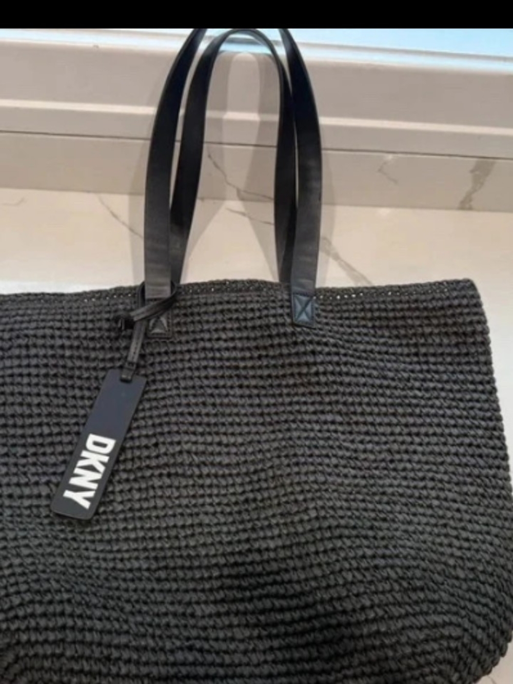 Dkny Black Woven Tote with Leather Straps